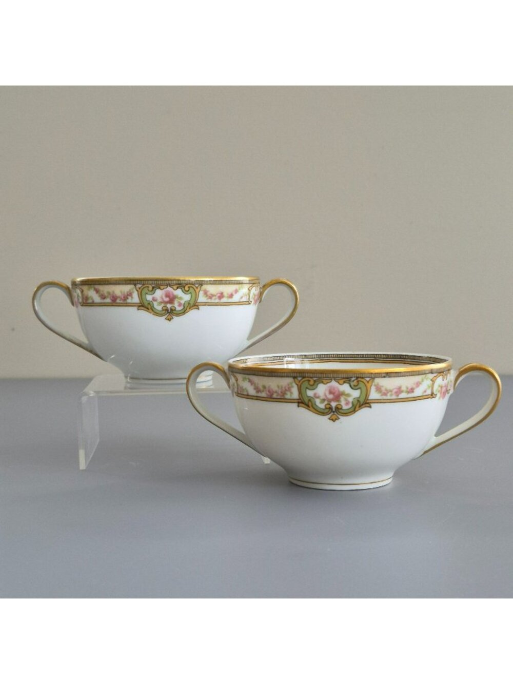 Antique Haviland Belford Bouillon Cup Set of 2, Pink Green Gold, Limoges France